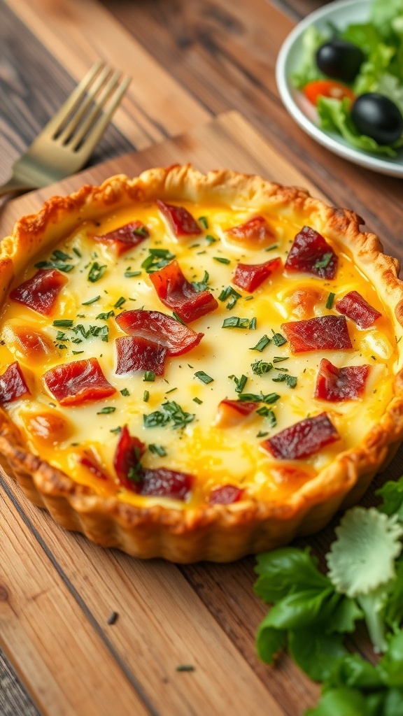 Classic Quiche Lorraine Recipe A golden-brown quiche Lorraine filled with bacon and cheese, garnished with herbs, on a wooden table with a side salad.